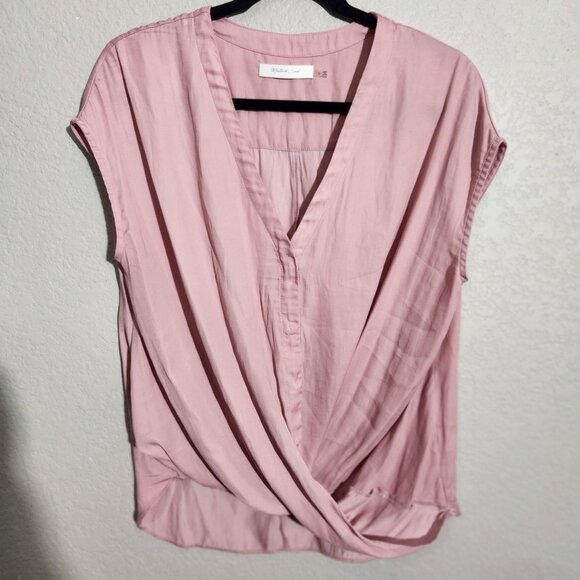 Mustard Seed Blouse Womens Small Pink Surplice wrap  V Neck Short Sleeve FLAWS - Picture 1 of 12